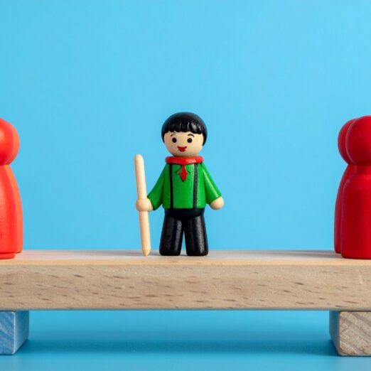 a figure stands as a mediator between two divided groups in a visual metaphor for balance and equilibrium. The image uses symbolic elements to depict conflict resolution