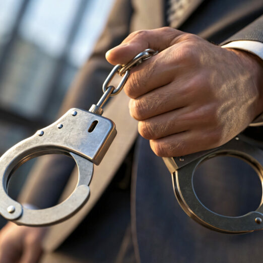 Businessman holding handcuffs for illegal business operations