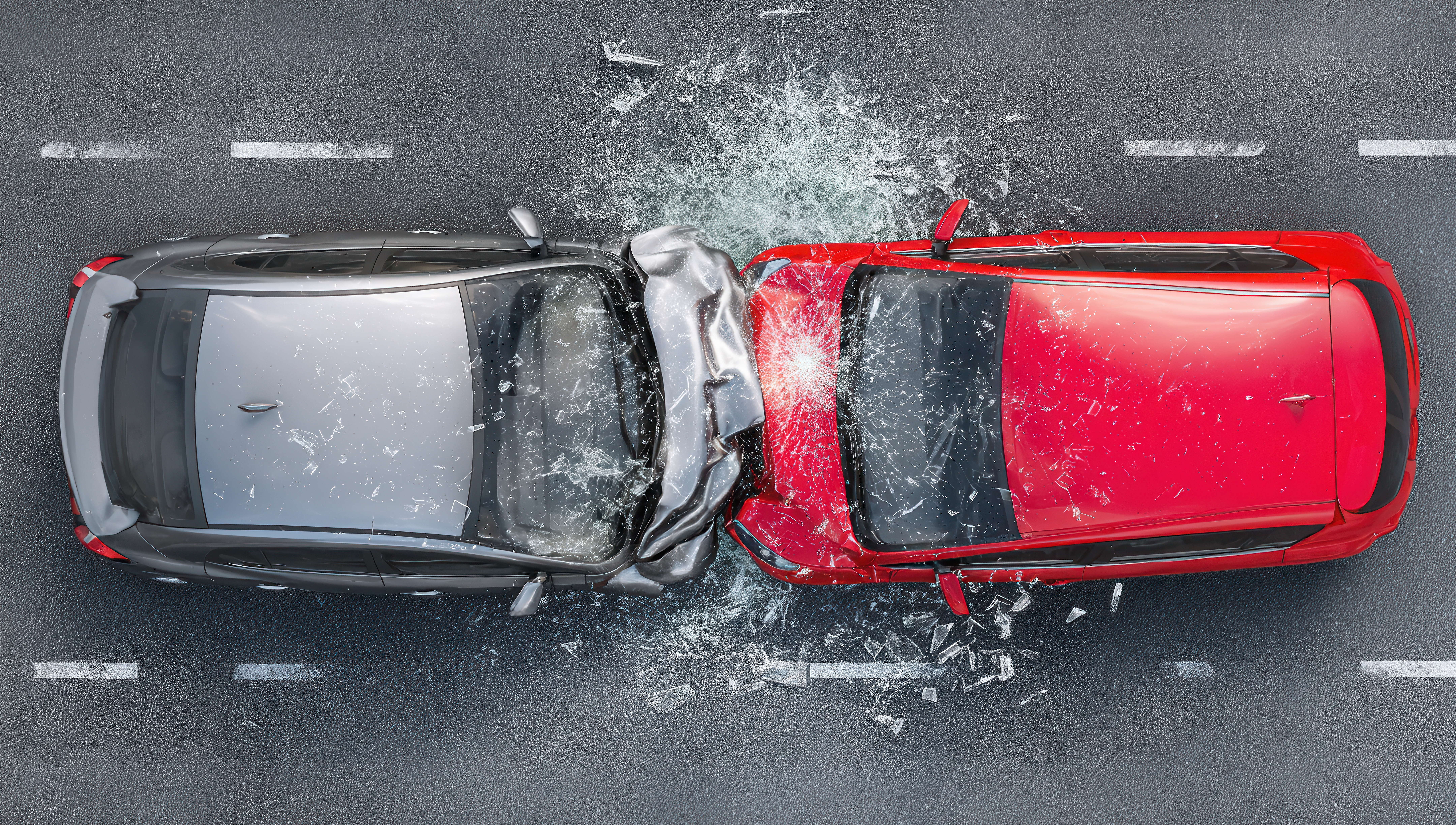 Two cars have collided at an intersection, one red and one silver. Broken glass litters the road, highlighting the serious implications of traffic accidents in urban areas.