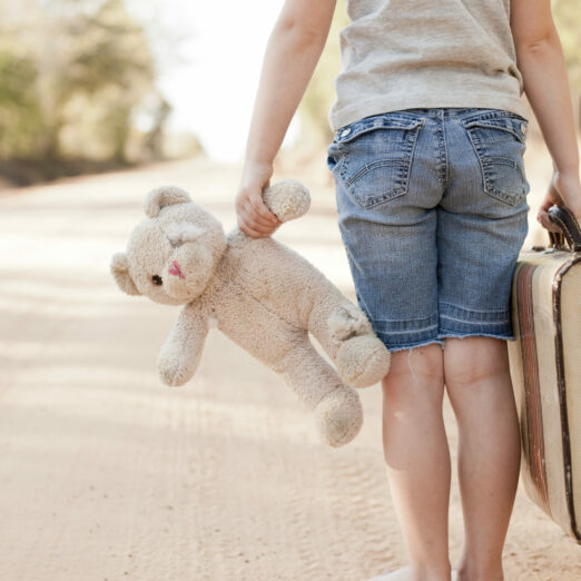 Little Girl with Ragged Teddybear and Suitcase - Poverty, Homelessness, Runaway Child